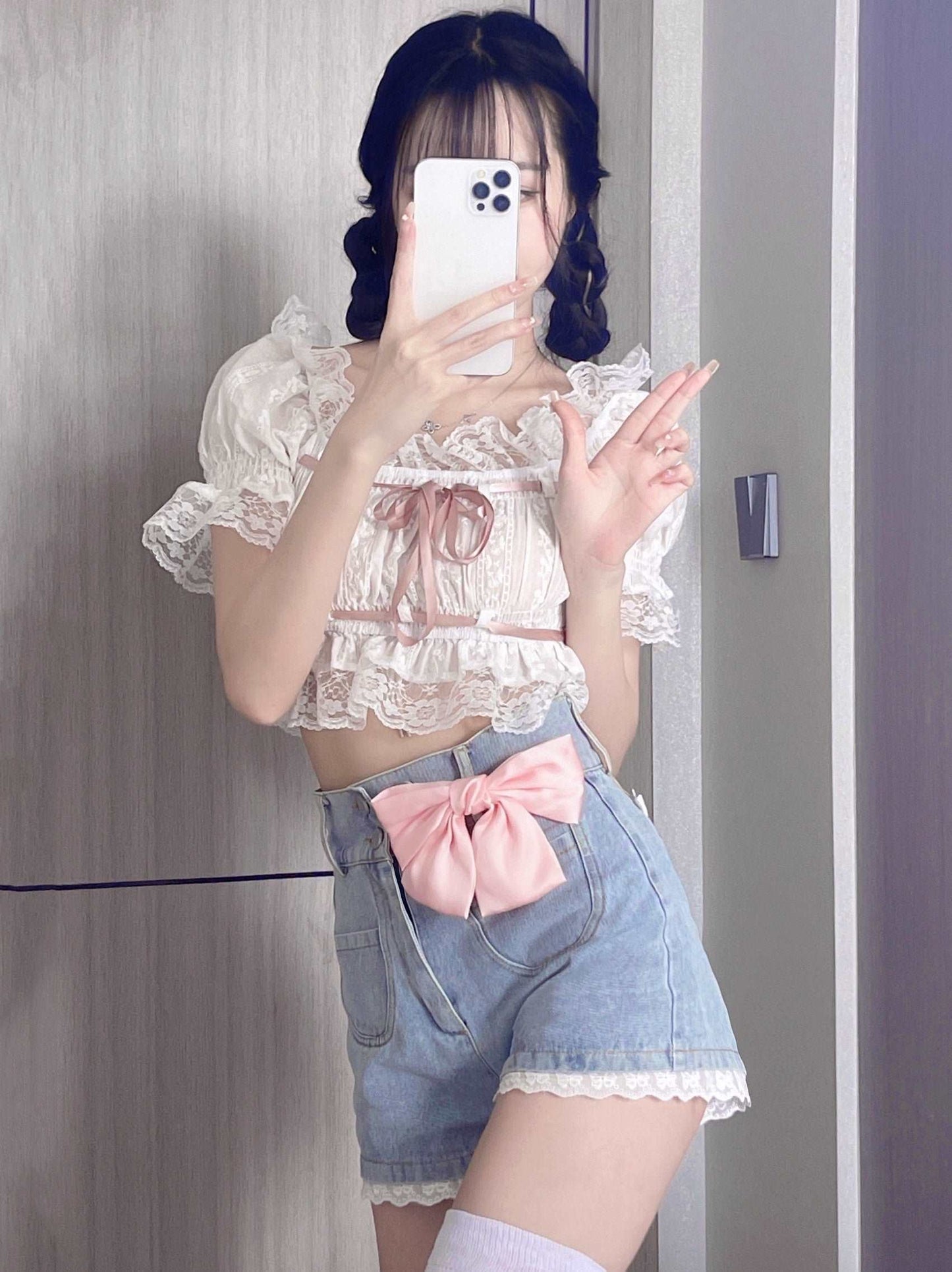 Angel Kiss French Doll Girl Summer Vintage Classic Lace Pink Ribbon White Top Blouse & Bow Denim Short Pants