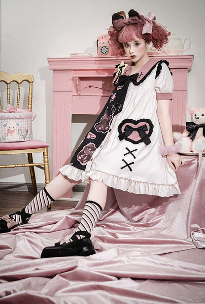 Black Pink White Teddy Bear Cross Anime Girl Grunge Sailor Collar Puff Sleeve Dress