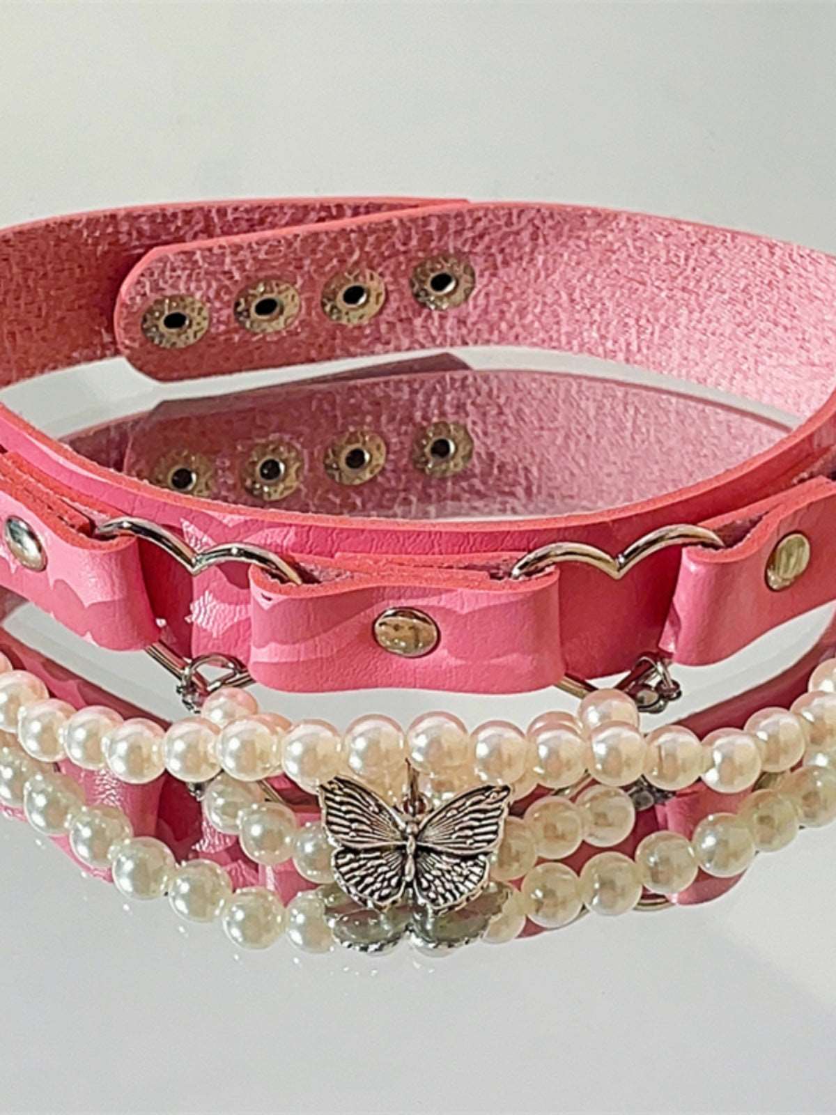 Butterfly Pearl Pink PU Leather Choker Necklace