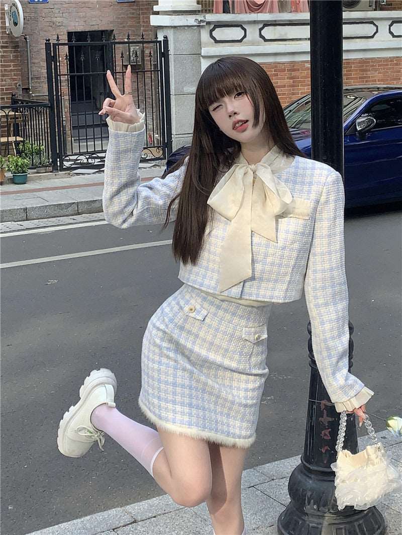 Autumn Winter Modern Pastel Blue & White Checkerboard Suit Jacket Coat and Skirt Two Piece Set