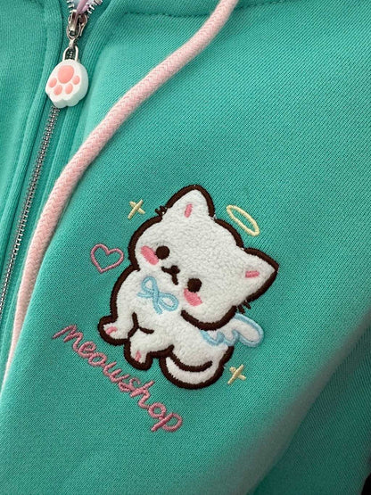 Angel Wings Meow Mint Green Cute Cat Ears Hoodie Jacket