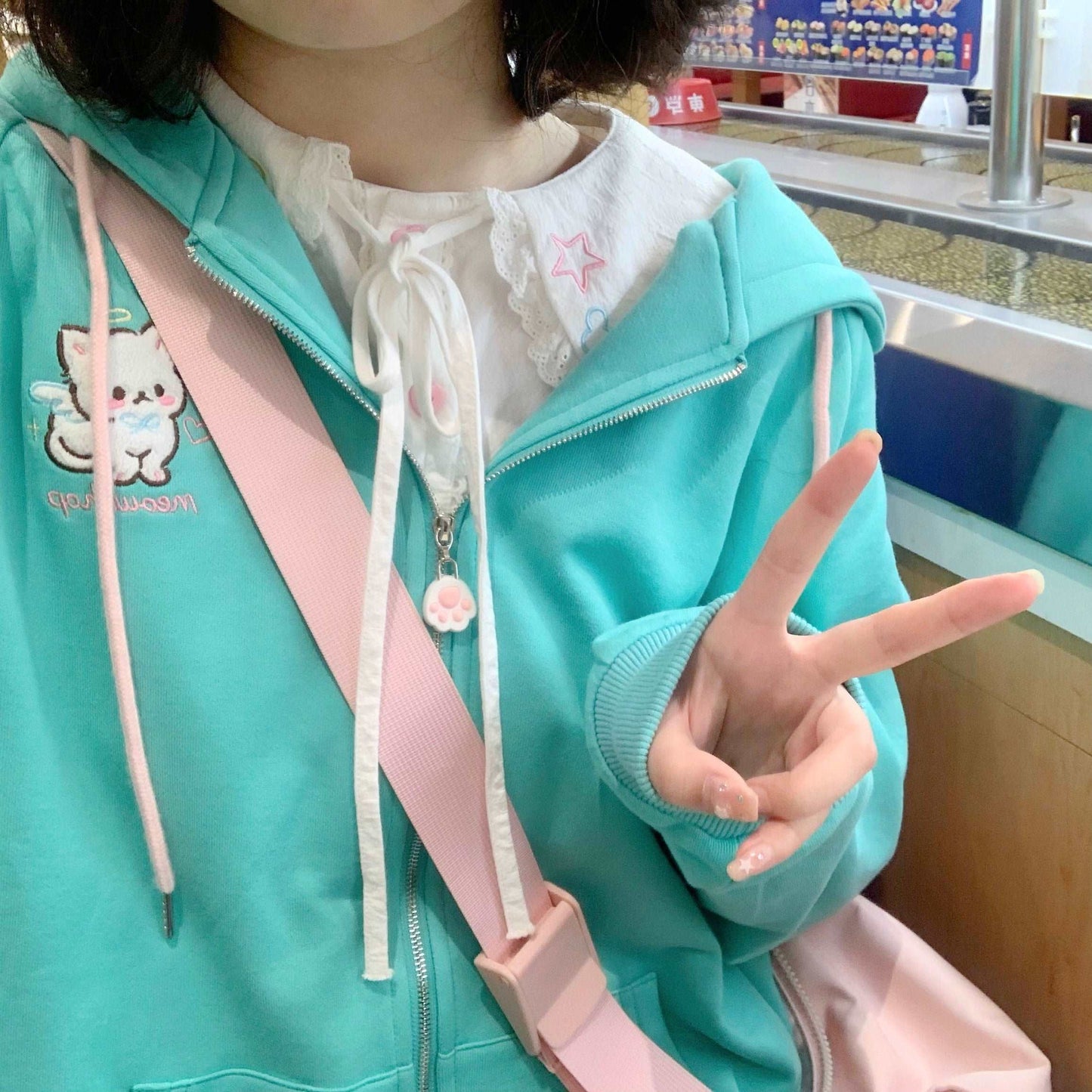 Angel Wings Meow Mint Green Cute Cat Ears Hoodie Jacket