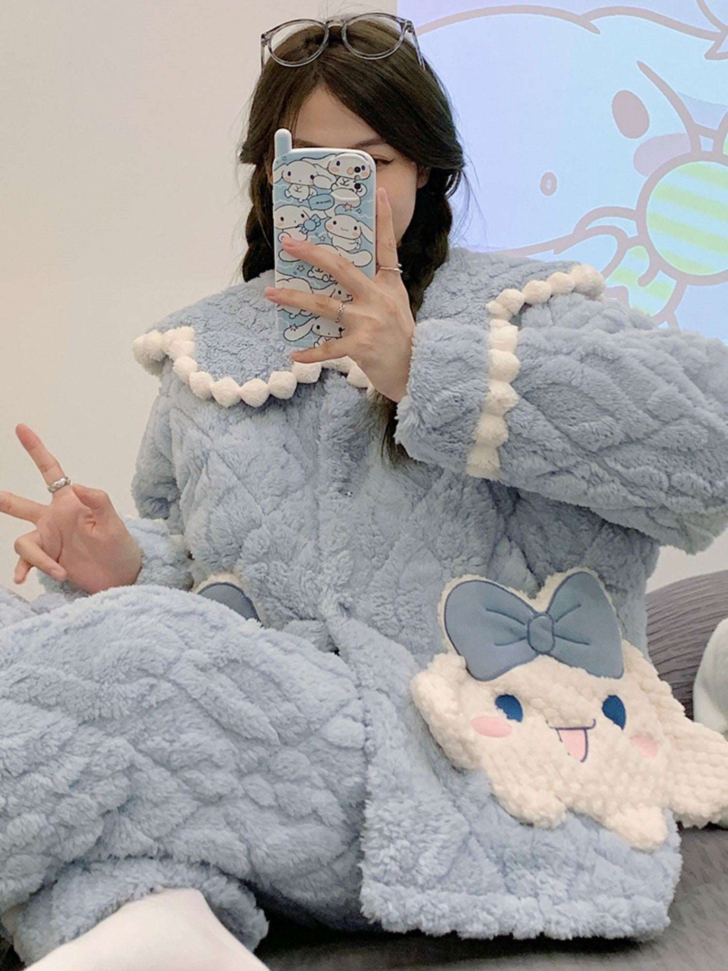 Blue Cinnamoroll Girl Thick Plush Coral Fleece Warm Winter Pajamas Sleepwear Two Piece