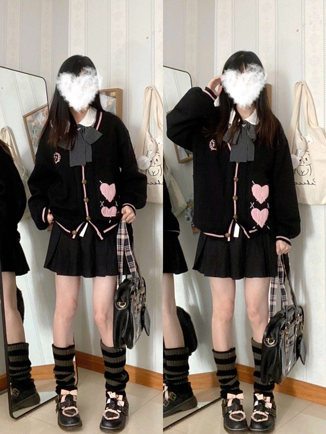 Black Pink Love Heart Emboidery Cozy Knit Cardigan