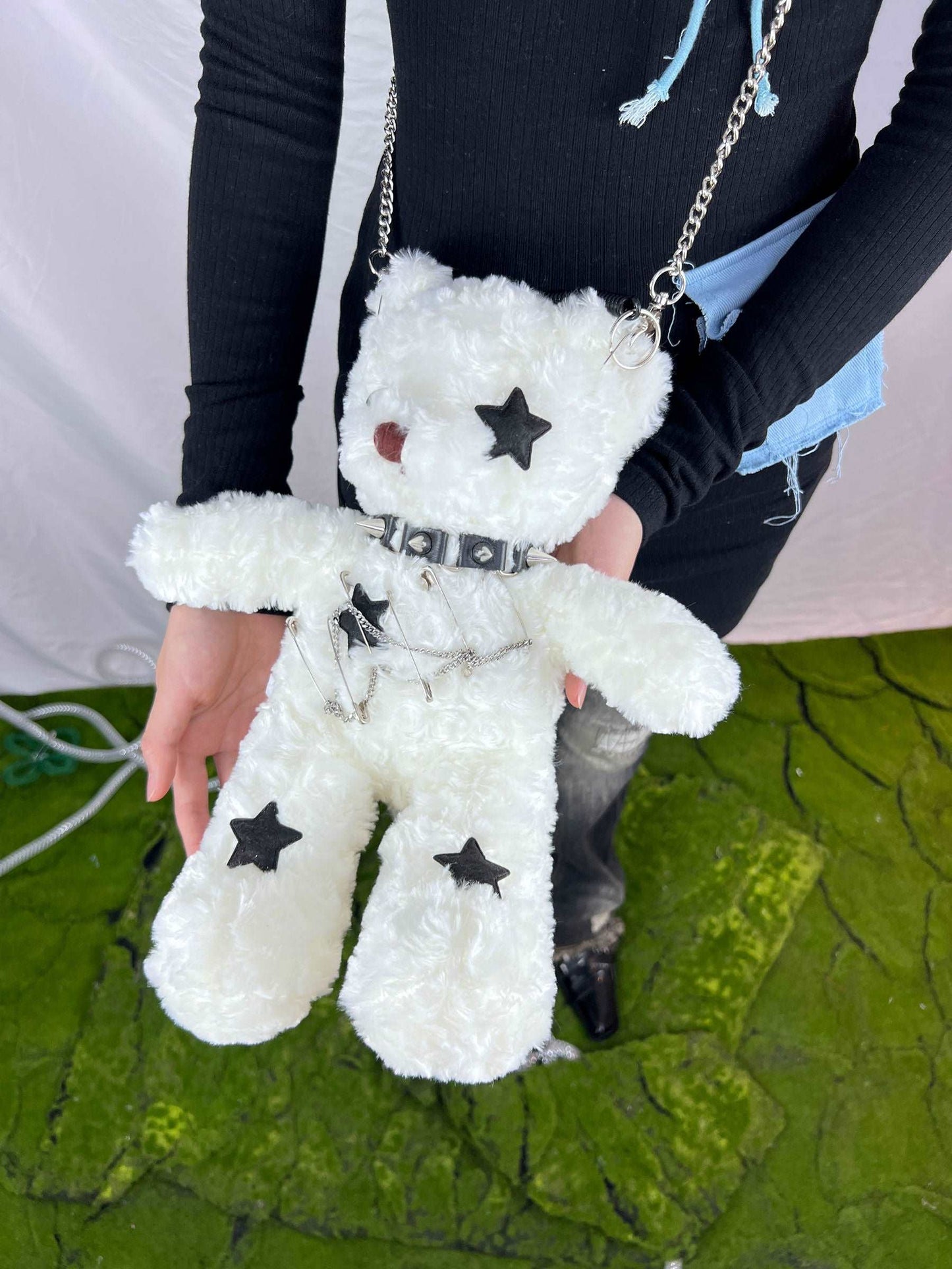 Black White Bear Doll Cute Plush Chain Star Love Collar Coin Purse Bag