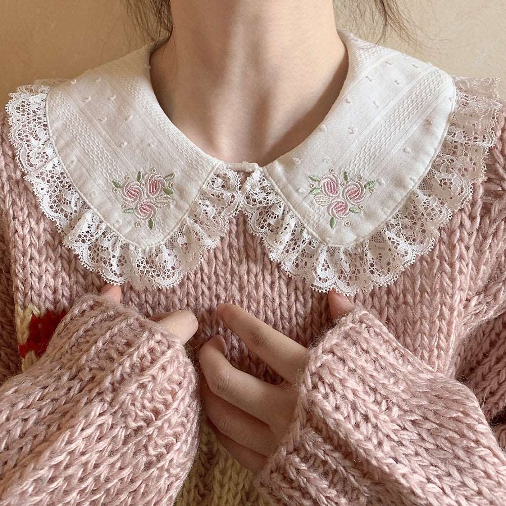 Spring Summer Vintage Day Girl Bouquet of Roses Embroidery Lace Cotton Doll Collar White Shirt Blouse