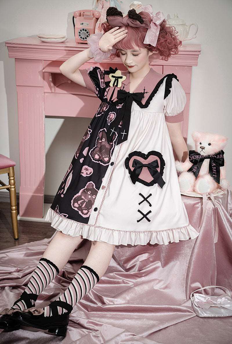 Black Pink White Teddy Bear Cross Anime Girl Grunge Sailor Collar Puff Sleeve Dress