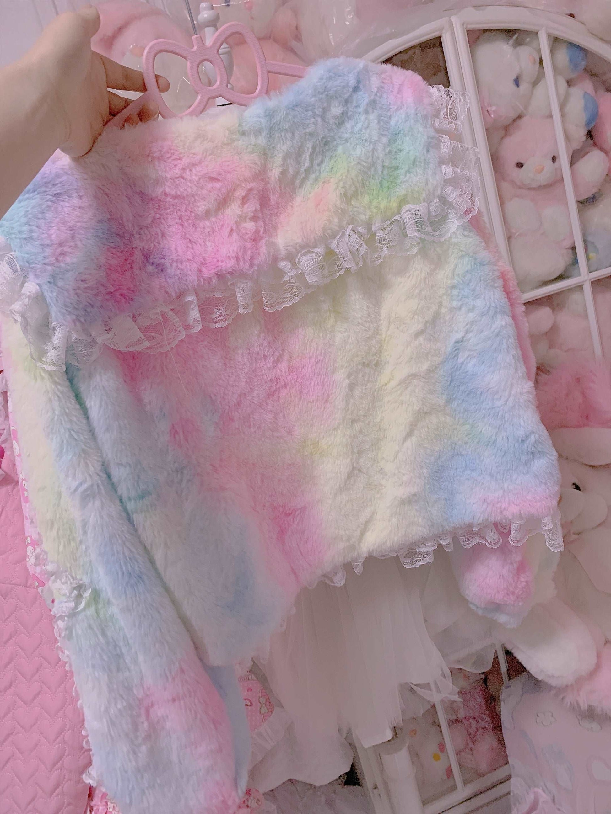 Rainbow Ice Cream Colorful Japanese Girl Princess Sailor Collar Bow Ruffled Plush Fur Coat Jacket