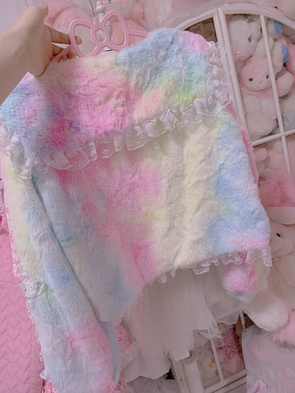 Rainbow Ice Cream Colorful Japanese Girl Princess Sailor Collar Bow Ruffled Plush Fur Coat Jacket