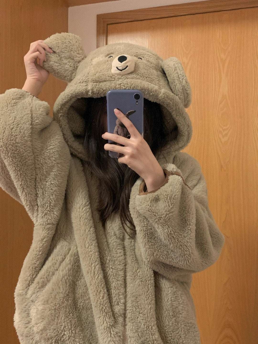 Cute Brown Teddy Bear Cartoon Girl Plush Coral Fleece Cozy Warm Winter Pajamas Sleepwear Long Sleeve Hoodie Tops & Pants Two Piece