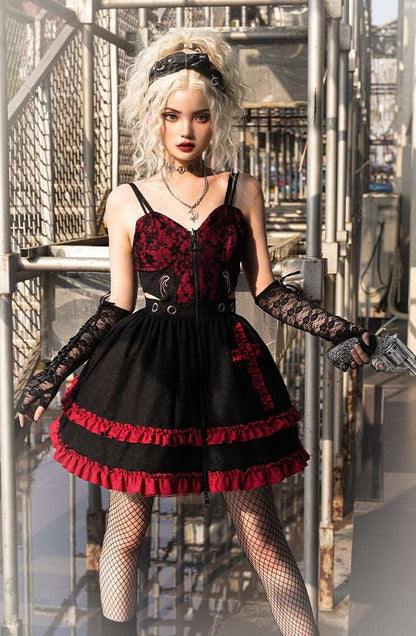 Black Velvet Devil Angel Gothic Fashion Goth Girl Strap Lace Gothic Dress Vest Sleeves Set