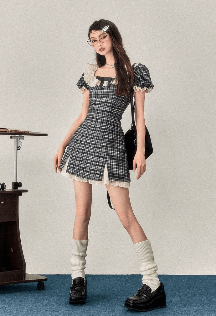 Classic Retro Plaid Black White Bow Lace Spring Summer Puff Sleeve Dress