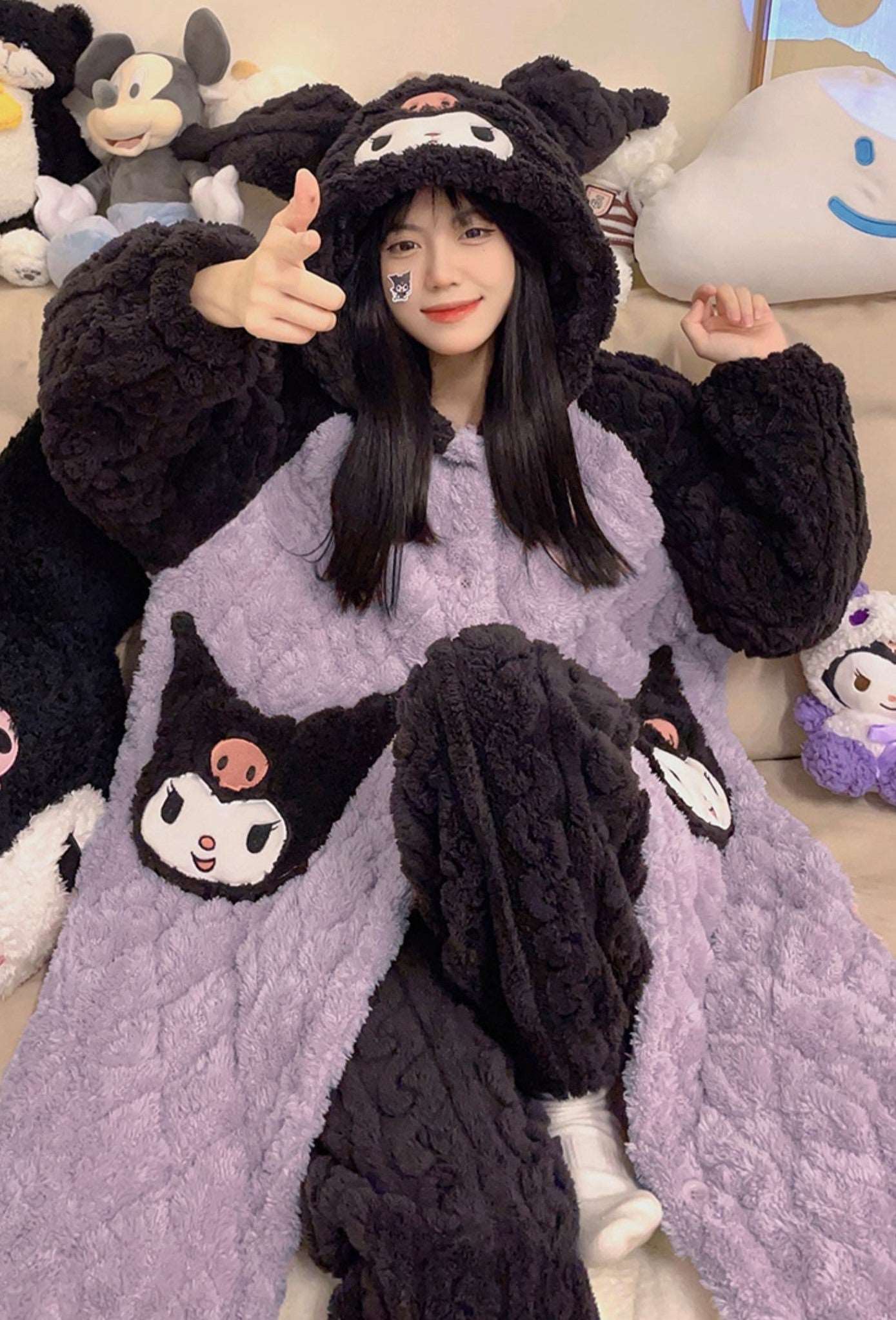 Black & Purple Kuromi Cute Cartoon Women Girl Thick Plush Coral Fleece Warm Winter Pajamas Sleepwear Hooded Nightgown Coat & Pants Two Piece Set