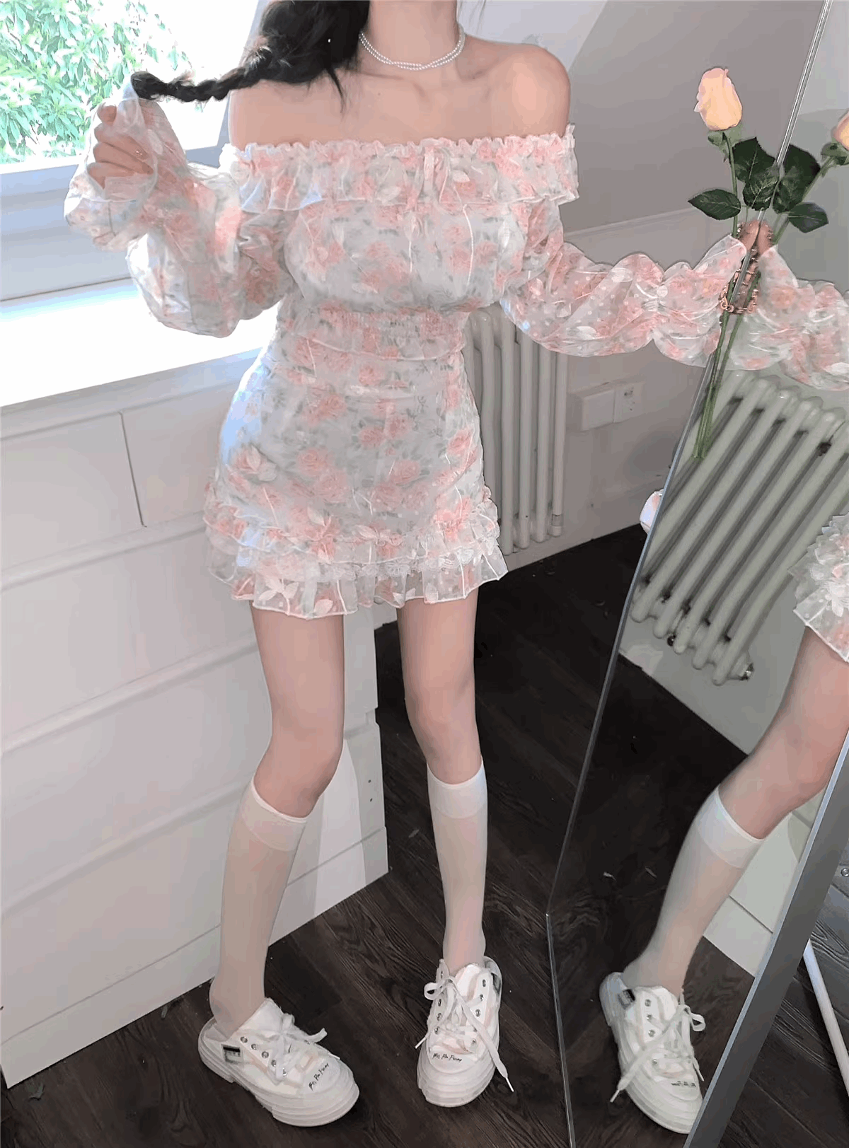 Colorful Sweet Floral Print Chiffon Lace Off Shoulder Long Sleeve Shirt & Short Skirt Two Piece Set