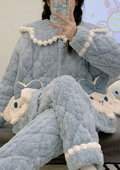 Blue Cinnamoroll Girl Thick Plush Coral Fleece Warm Winter Pajamas Sleepwear Two Piece