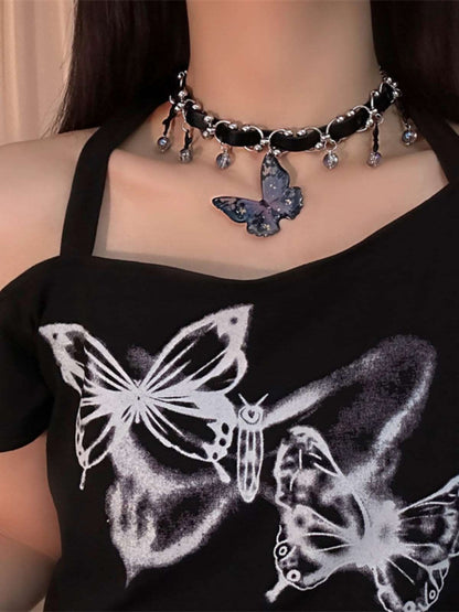 Blue Butterfly Pendant Black PU Leather Choker Necklace