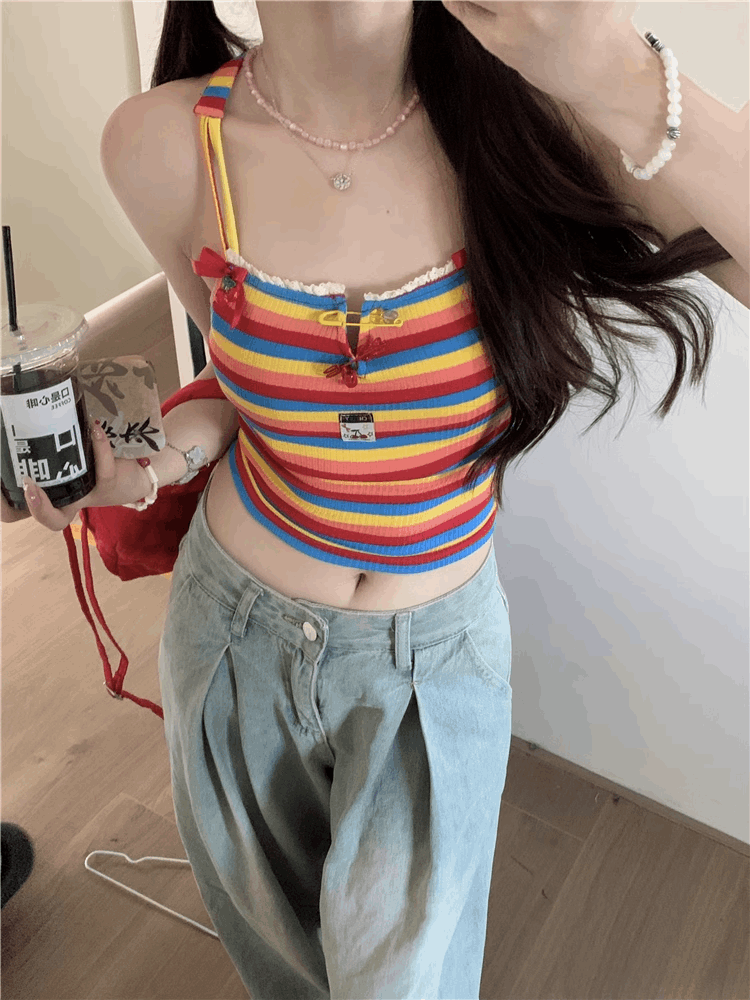 Colorful Rainbow Green Red Blue Yellow Retro Sleeveless Backless Summer Camisole Stripe Top