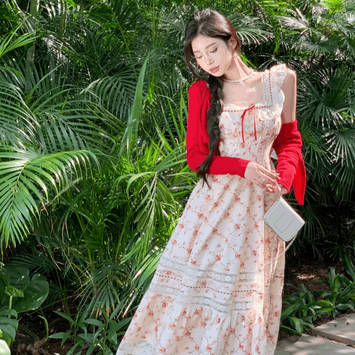 Beige Red Floral Print Long Sundress Summer Dress & Red Cardigan Set