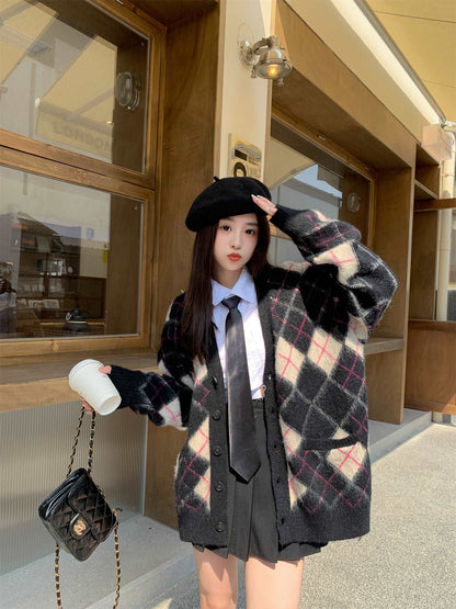 Korean Fashion Women Blue White & Black Pink Diamond Argyle Pattern Autumn Winter Cardigan