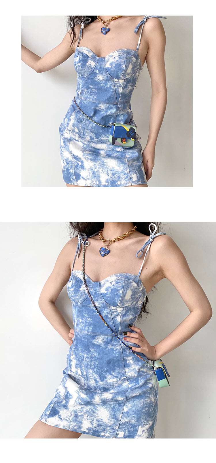 Blue Sky Cloud Tie-Dye Denim Bustier Dress