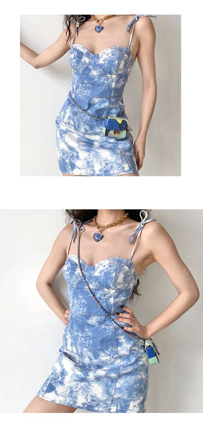 Blue Sky Cloud Tie-Dye Denim Bustier Dress