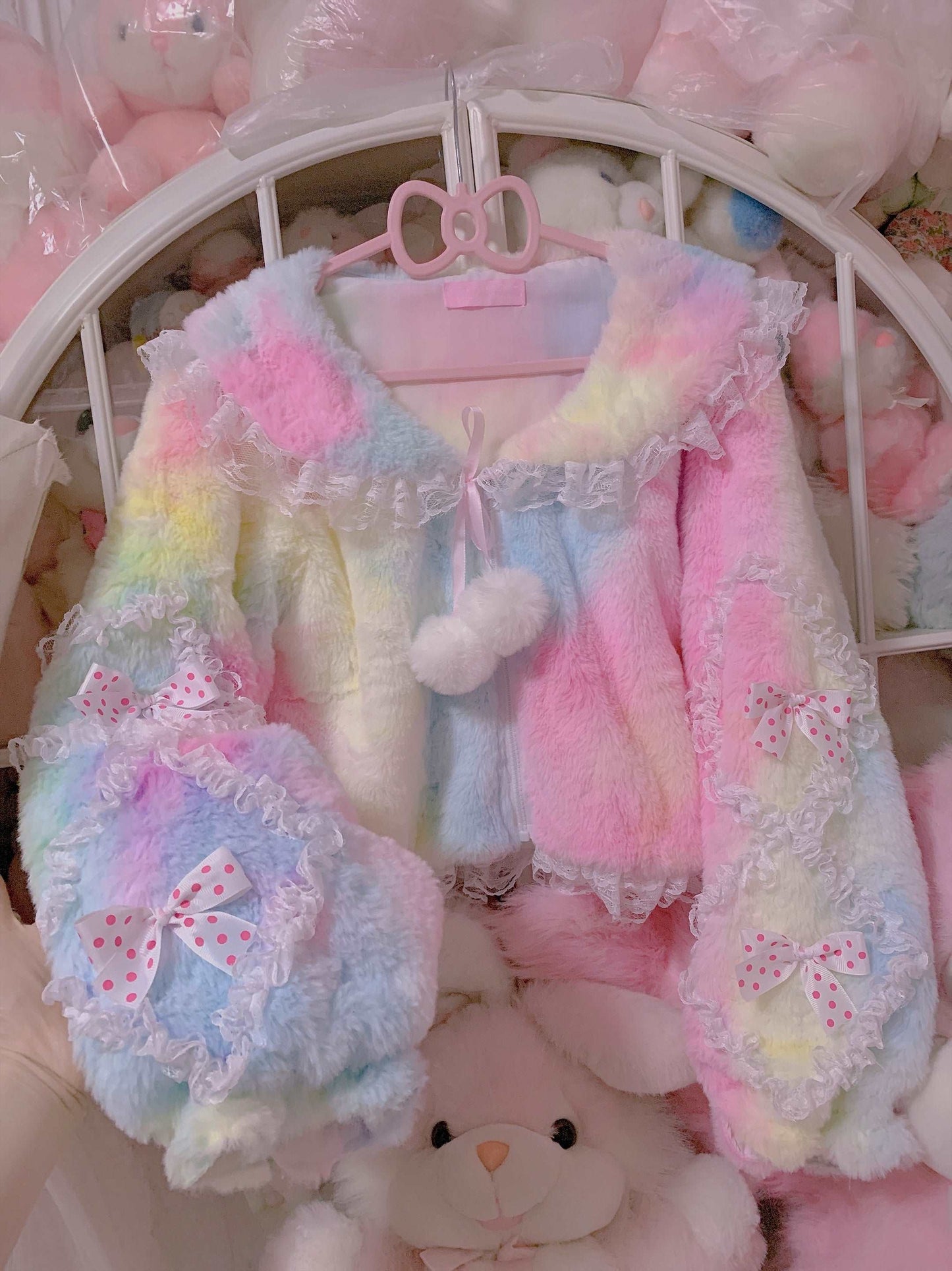 Rainbow Ice Cream Colorful Japanese Girl Princess Sailor Collar Bow Ruffled Plush Fur Coat Jacket