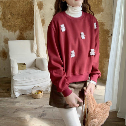 3D Teddy Bear Autumn Pullover Red Cream Sweater