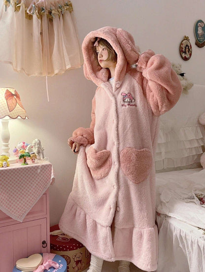 Japanese Winter Thick Warm Soft Sanrio My Melody Ears Hoodies Cute Nightgown Pink Long Coat Pants Pajamas Two Piece Set