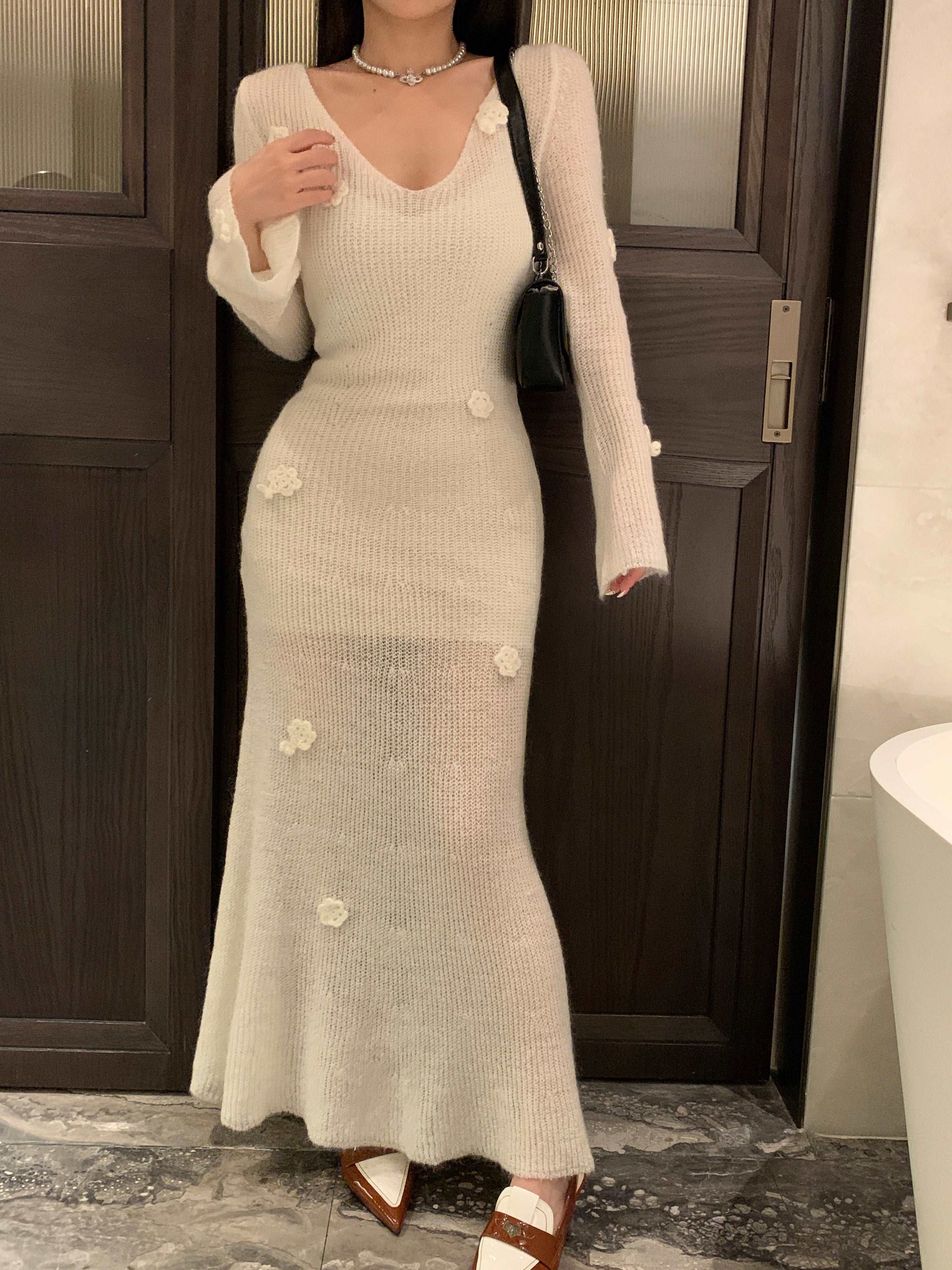 Classic Elegant Chic Autumn Fall 3D Flower Knitted Long Skirt Fishtail White Dress