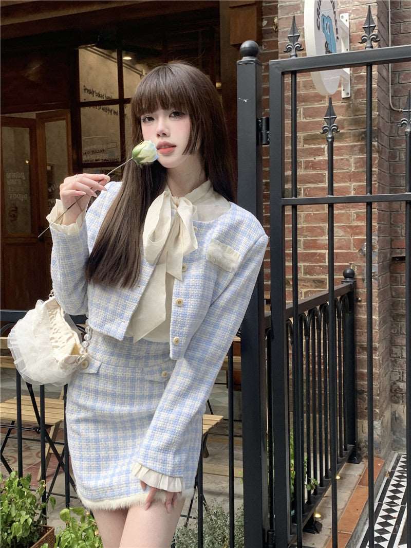 Autumn Winter Modern Pastel Blue & White Checkerboard Suit Jacket Coat and Skirt Two Piece Set