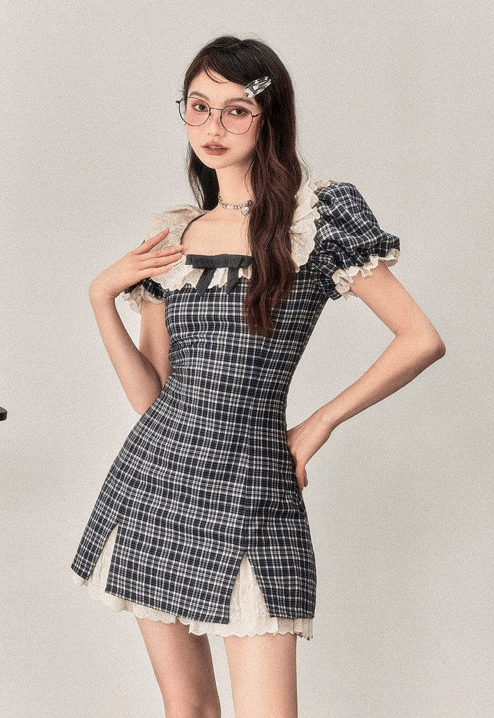 Classic Retro Plaid Black White Bow Lace Spring Summer Puff Sleeve Dress