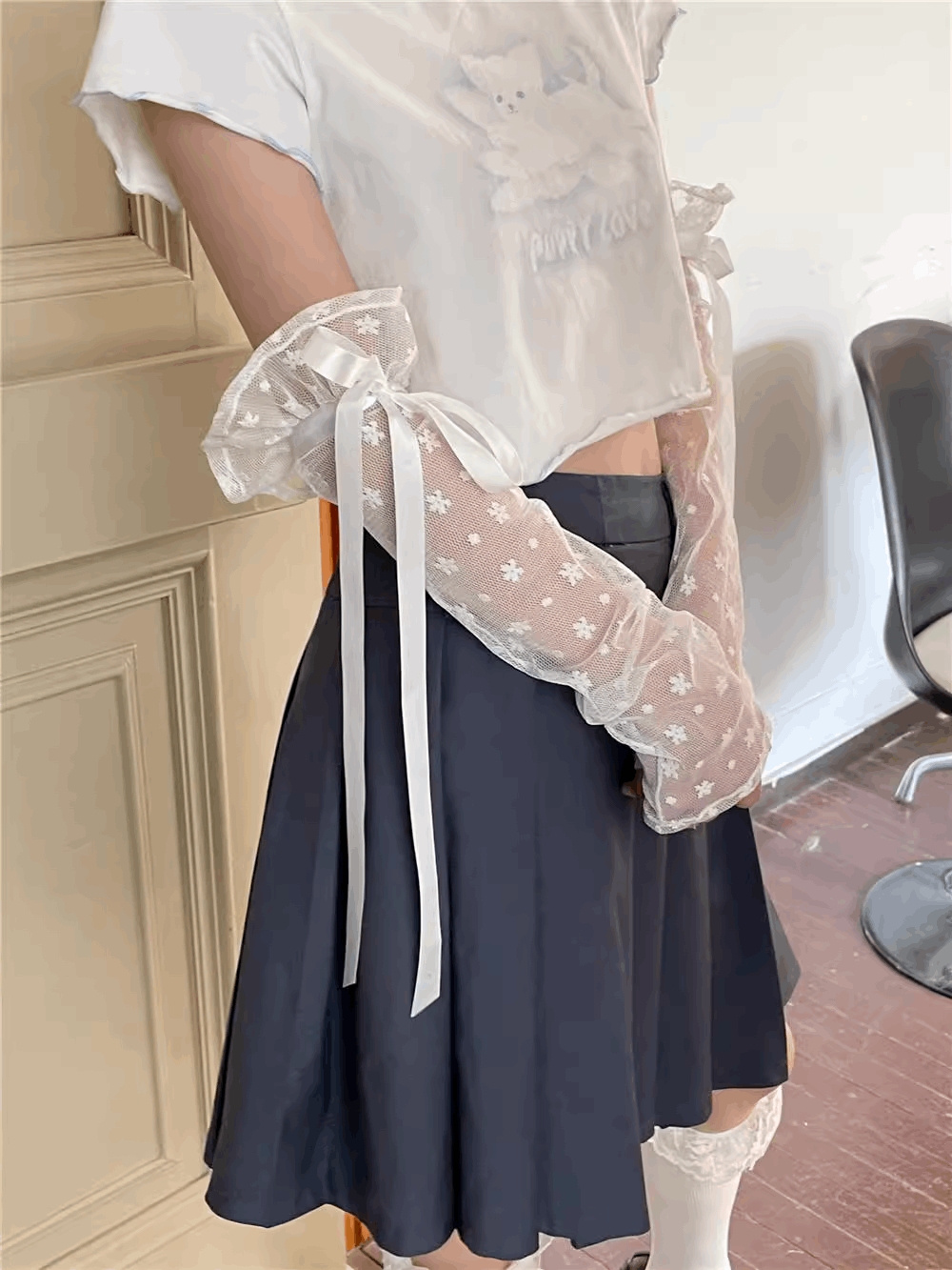 Coquette Polka Dot Flowers See Through Transparent Pink Blue White Black Ribbon Arm Long Evening Gloves