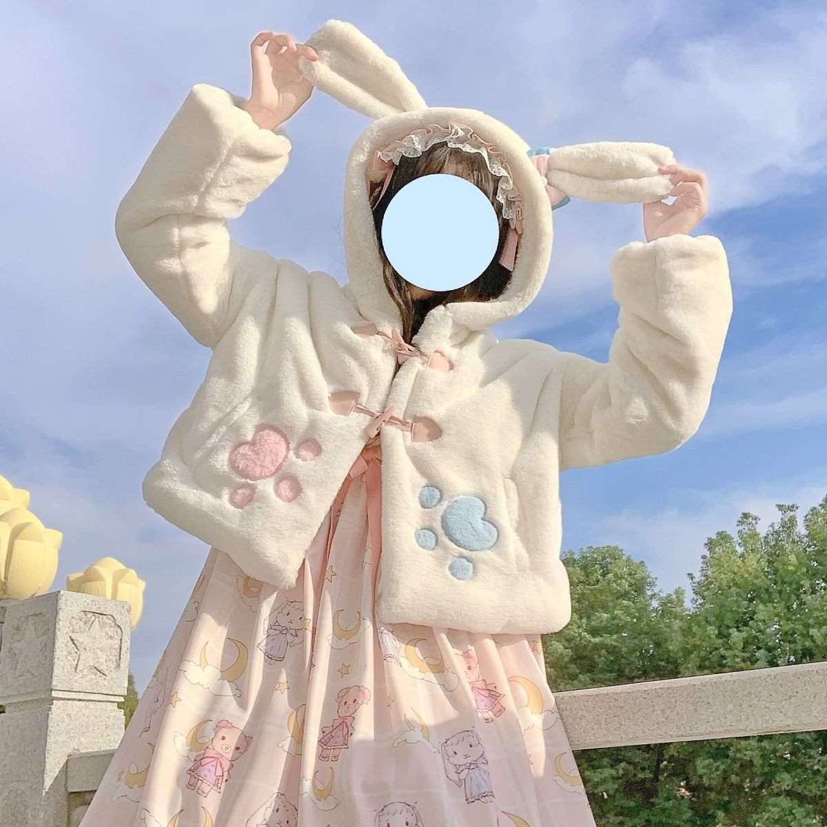 Japanese Fashion Girl Cute Autumn Winter Velvet Plush Rabbit Bunny Ears Blue Pink Paw White Jacket Coat