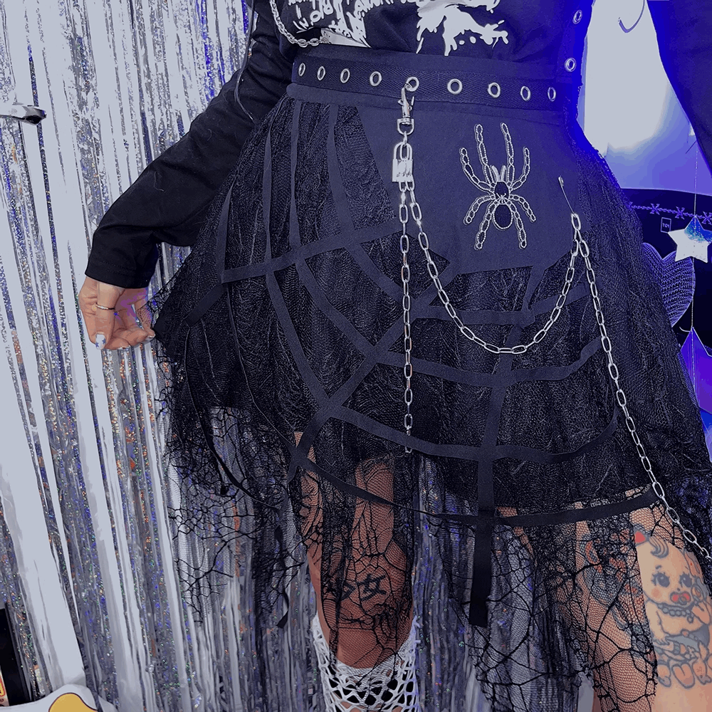 Black Punk Rock Gothic Girl Spider Silver Chain Lace Cool Chic Women Short Skirt