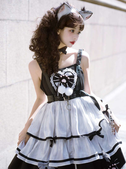 Gothic Black & White Neko Cat Paw Maid Outfit Strap Dress Belt Collar Set