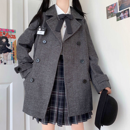 Japanese Student Style Women Autumn Winter Warm Black Navy Blue Thick Velvet Wool Long Suit Coat