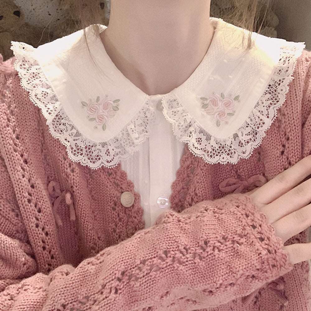 Spring Summer Vintage Day Girl Bouquet of Roses Embroidery Lace Cotton Doll Collar White Shirt Blouse