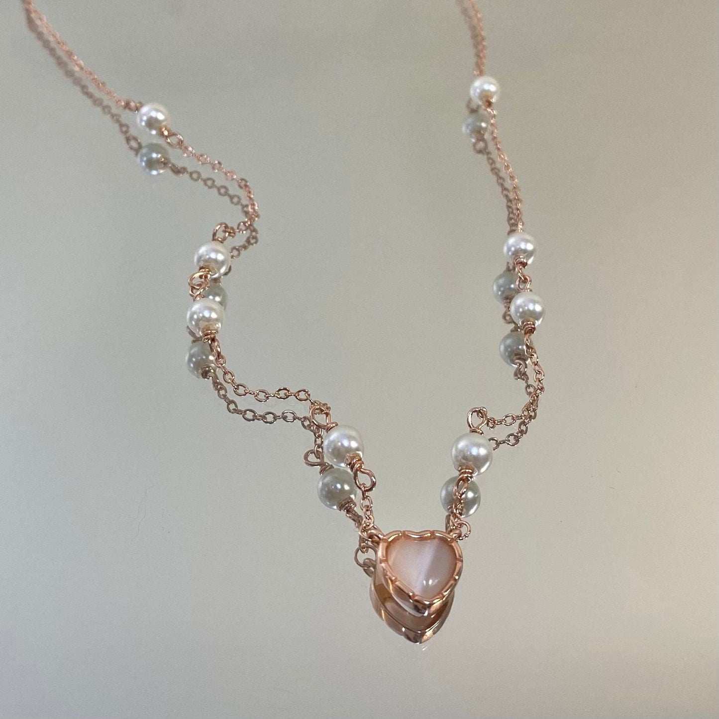 Delicate Princess Pink Heart Pearl Pendant Necklace