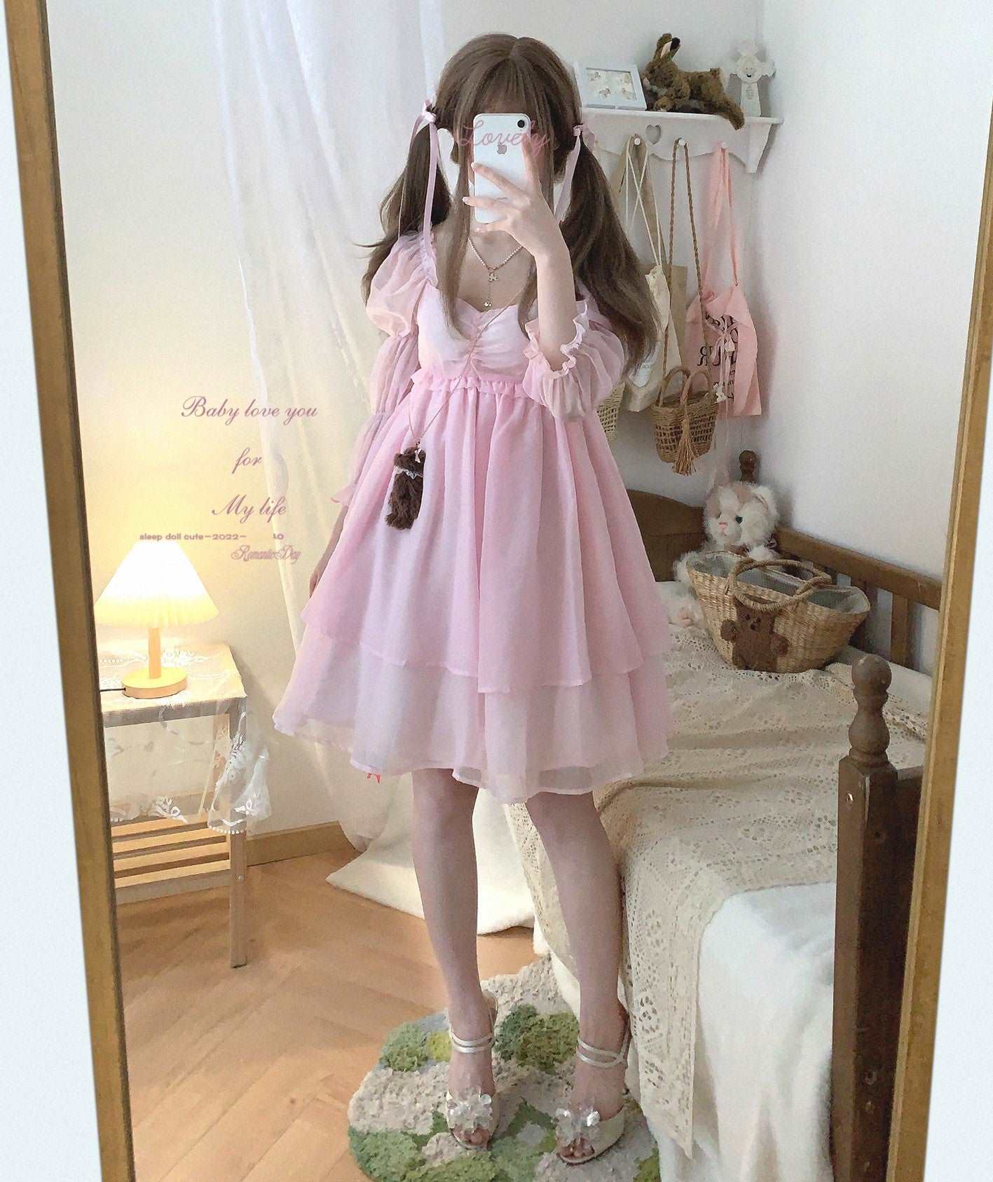 Sweet Girl Coquette Sleepy Princess Chiffon Pink Dress