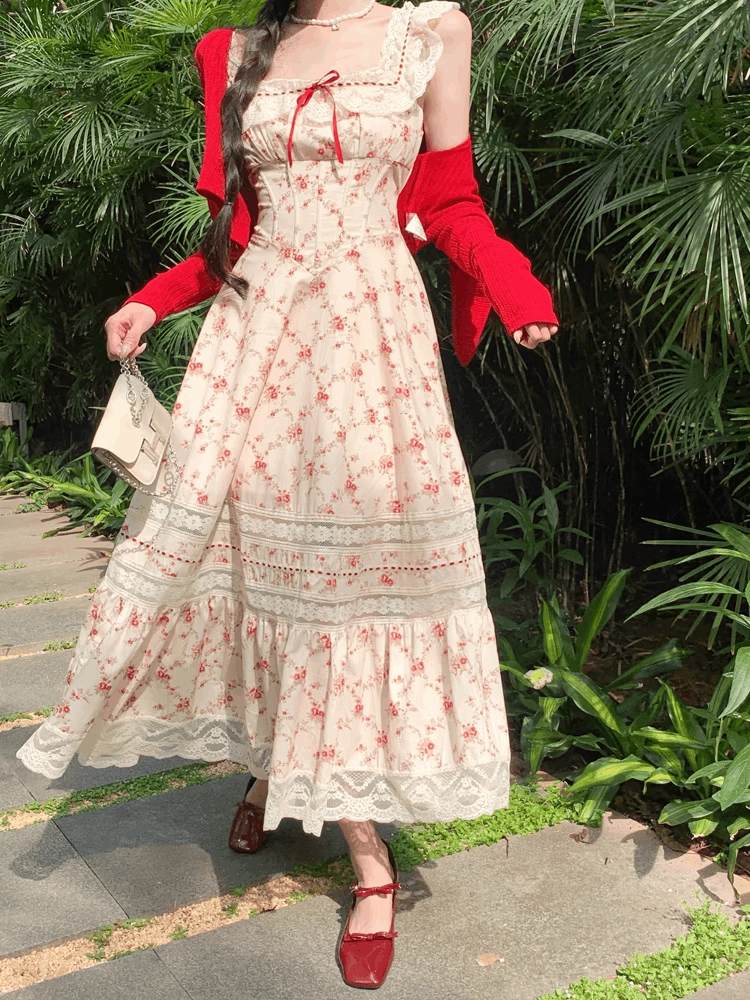 Beige Red Floral Print Long Sundress Summer Dress & Red Cardigan Set