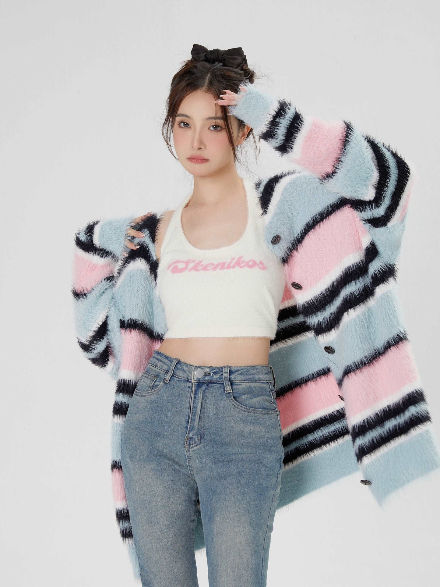 Chic Modern Sexy Girl Ice Cream Blue Pink Black Stripe Fluffy Cardigan & White Tank Tops Two Piece