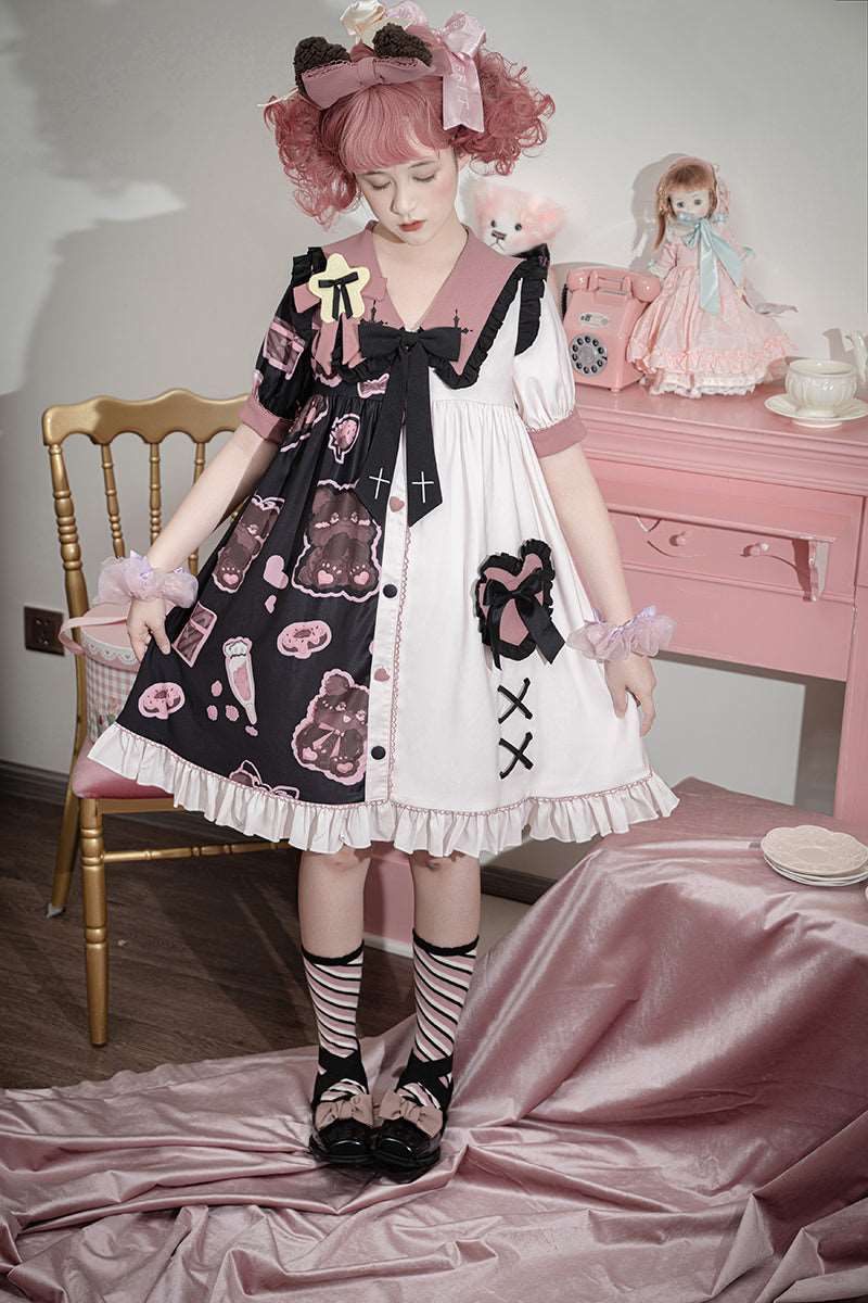 Black Pink White Teddy Bear Cross Anime Girl Grunge Sailor Collar Puff Sleeve Dress