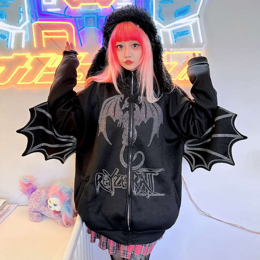 Black Dragon Wings Punk Japanese Harajuku Y2K Streetwear Casual Rhinestone Jacket Hoodie