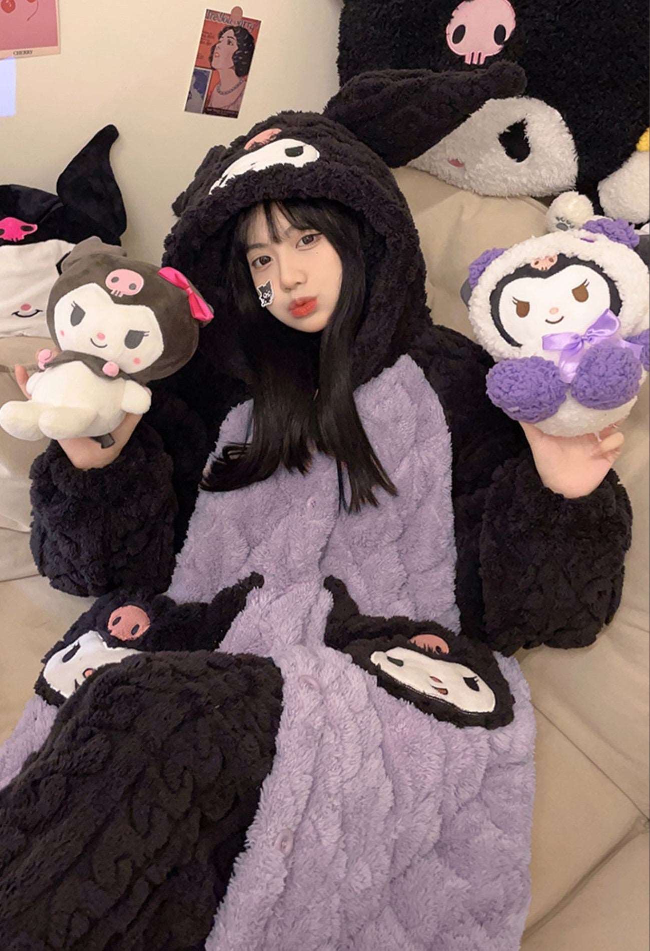 Black & Purple Kuromi Cute Cartoon Women Girl Thick Plush Coral Fleece Warm Winter Pajamas Sleepwear Hooded Nightgown Coat & Pants Two Piece Set