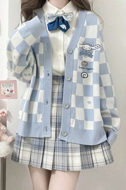 Cute Japanese Student School Uniform Knitted Cartoon Checkerboard Pattern Soft Girl Aesthetics Sweaters Cardigan