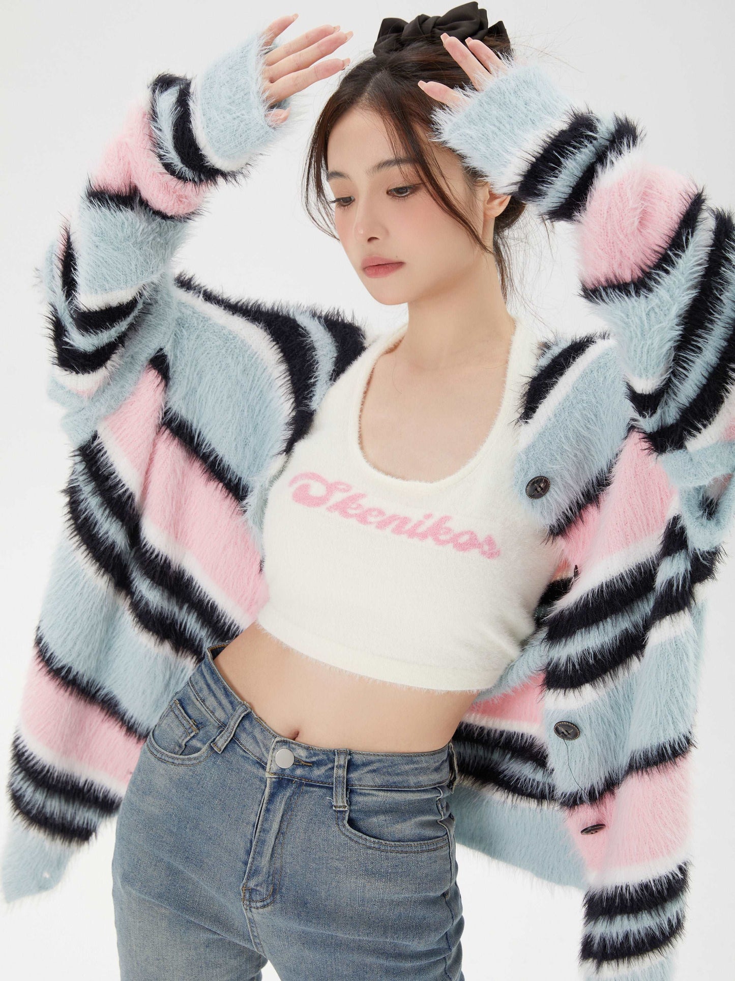 Chic Modern Sexy Girl Ice Cream Blue Pink Black Stripe Fluffy Cardigan & White Tank Tops Two Piece