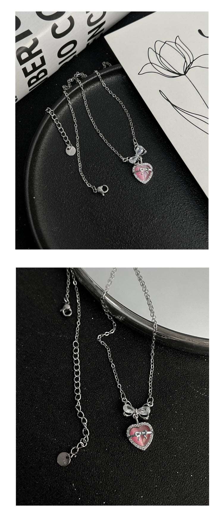 Beautiful Luxury Jewelry Pink Heart Bow Shaped Pendant Necklace