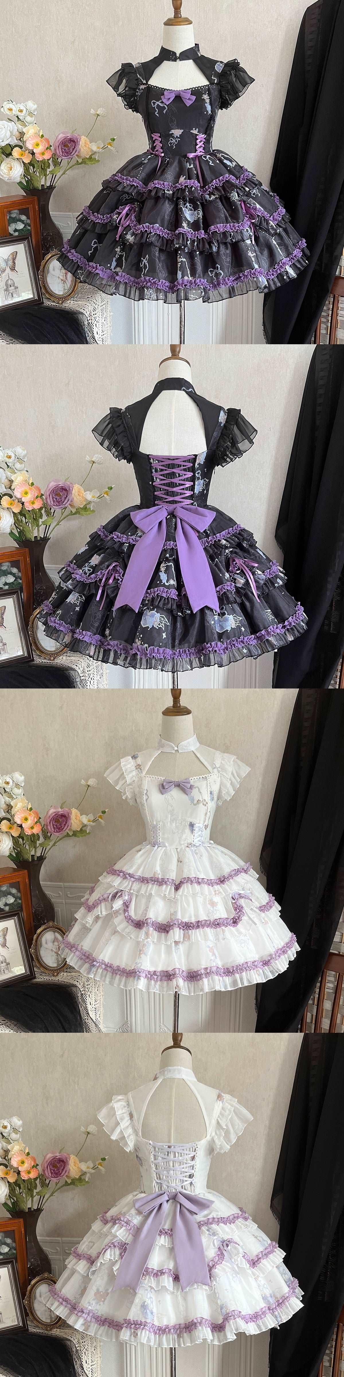 Black & White Violet Purple Rose Goth Girl Gothic Bow Lace Dress