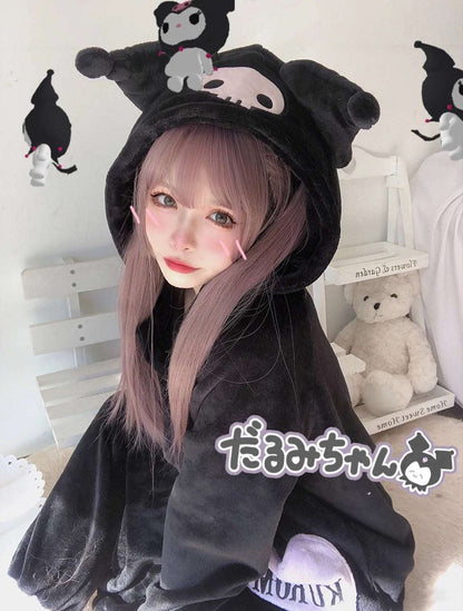 Black Purple Devil Cartoon Plush Flannel Winter Pajamas Hoodie Top & Pants Two Piece