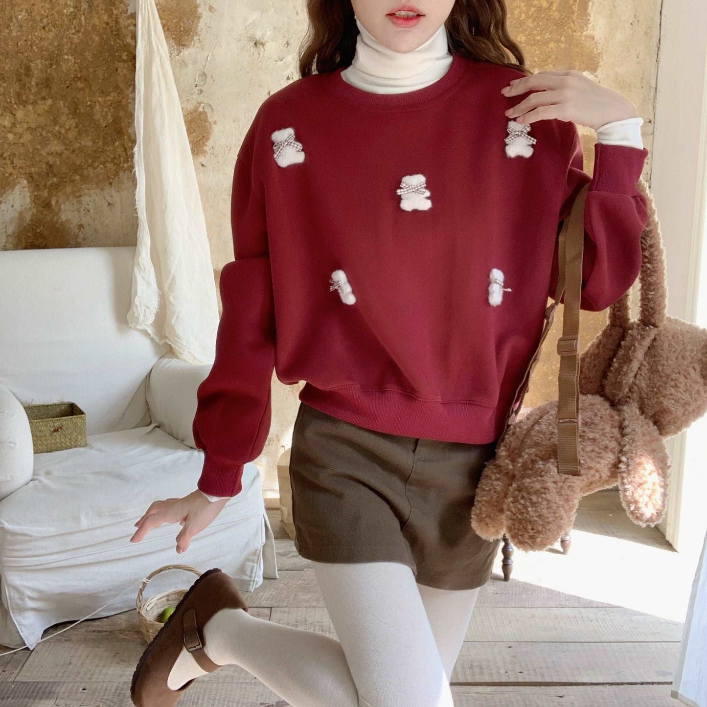 3D Teddy Bear Autumn Pullover Red Cream Sweater